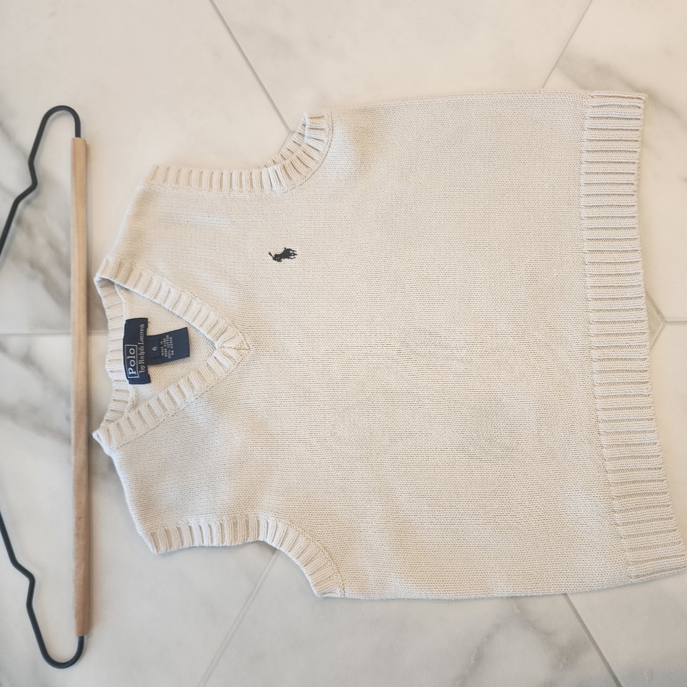 POLO by Ralph Lauren blue label, cream v neck pull over sweater vest. Size 6. - Picture 3 of 5